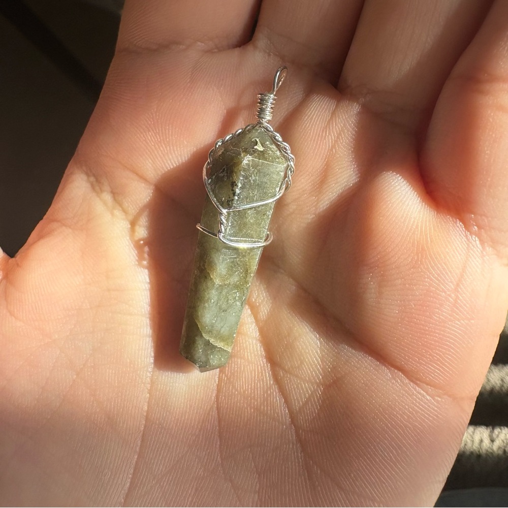 Green Flame Pendant | Vesuvianite Crystal Necklace | Silver Wrap Healing Stone